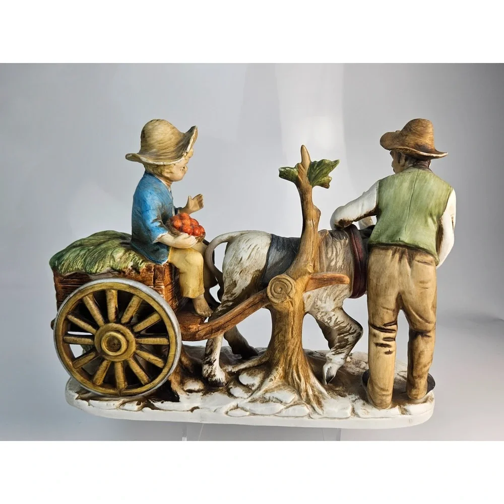 Vintage Set of 2 Donkey Cart Figurines Man Boy Far Donkey Scene‎ Rustic See Desc